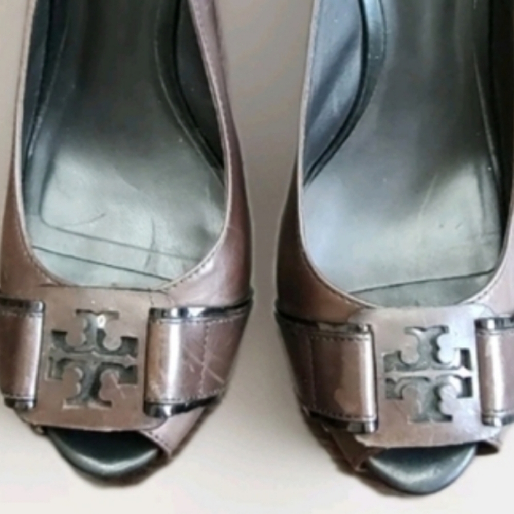 Tory Burch Womens 7M Peep Toe Slingback High Heels Tennyson Brown Leather Pump - Picture 2 of 12